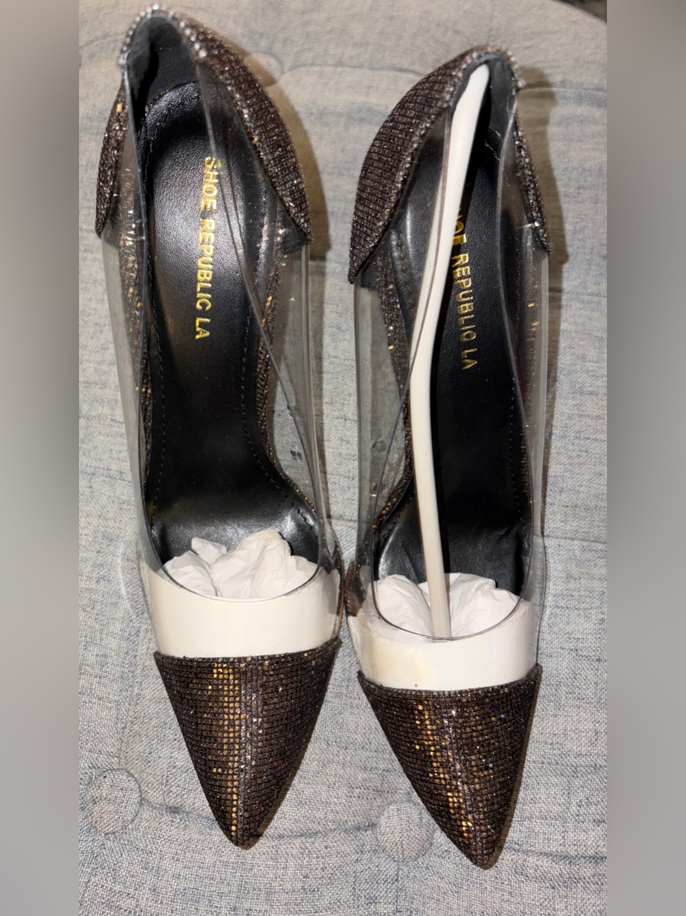 Shoe Republic LA Brown Metallic Pointed Clear Panel Pumps